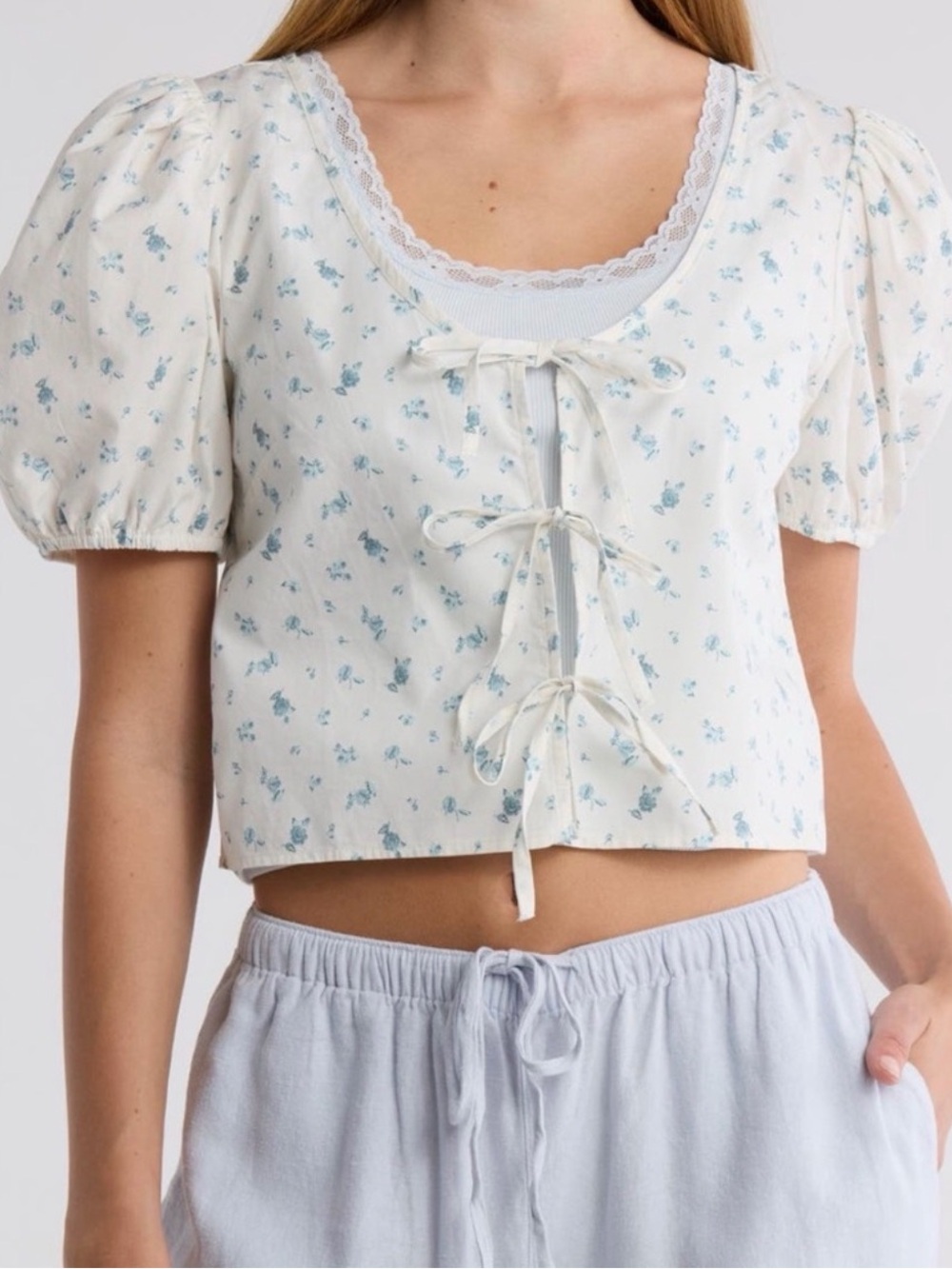 White Cotton Floral Tie-Front Puff Sleeve Blouse